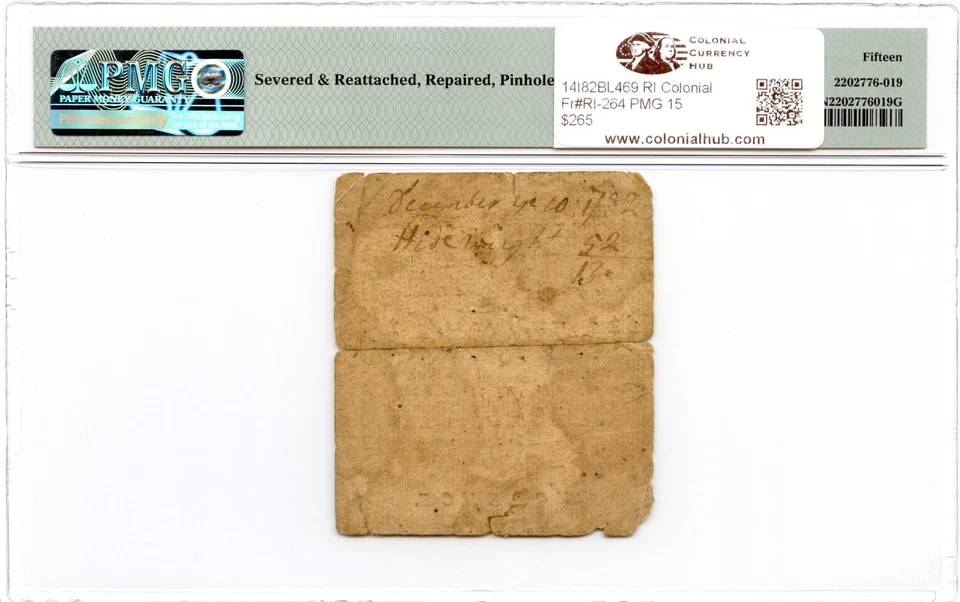 Rhode Island Colonial Note Fr#RI-264 May 22, 1777 $1/36 PMG F-15 *14 Known* - Image 2 of 2