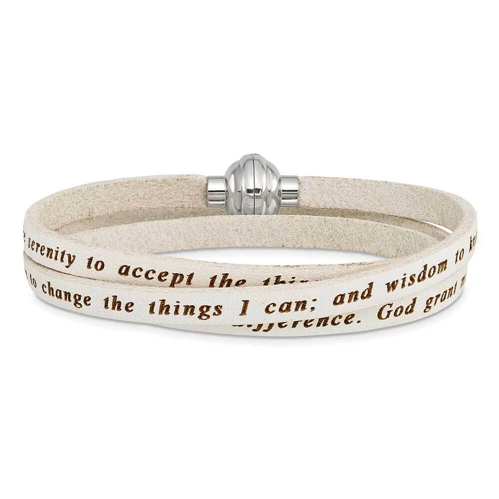 Stainless Steel Serenity Prayer White Leather Wrap 21 Inch Bracelet 21