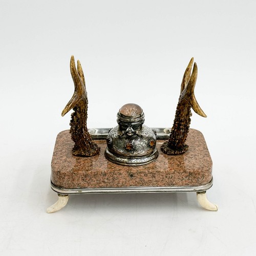 Schottisches Silber Geweihhorn montiert Citrin Marmor Tintenständer um 1880 - Bild 3 von 6