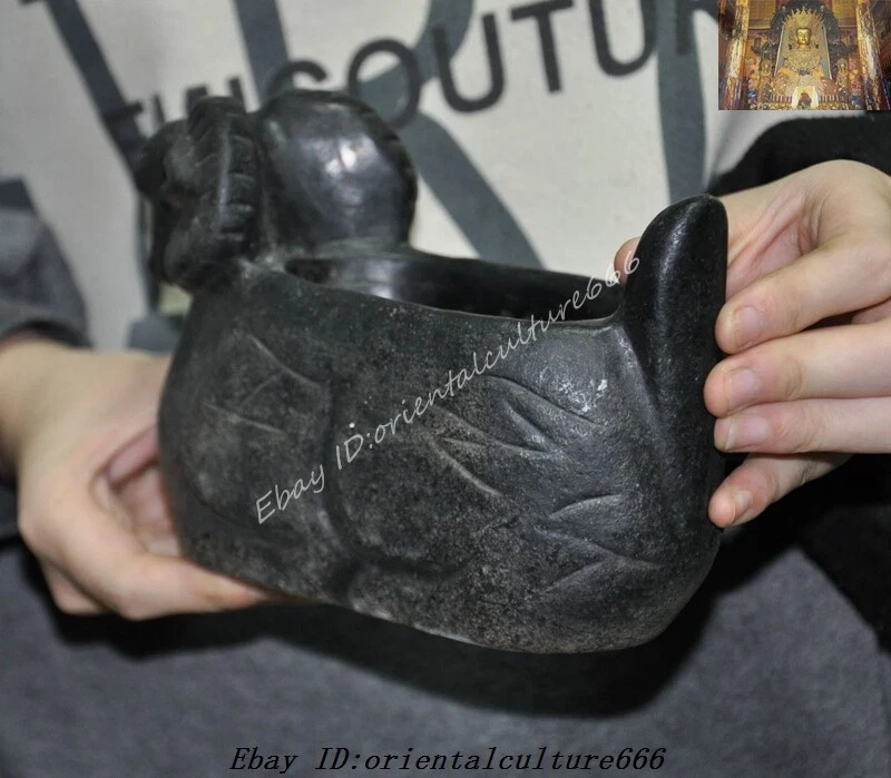 7.6" China Hongshan Cultura Meteorito Hierro Tallado Sacrificio Feng Shui Oveja Taza Foto 2 de 4