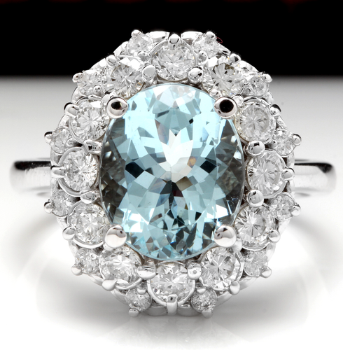 4.30 Carats NATURAL AQUAMARINE and DIAMOND 14K Solid White Gold Ring