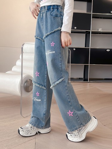 Kids Girls Jeans Party Trousers Sports Pants Elastic Fashion Vacation Frayed - Picture 12 of 20