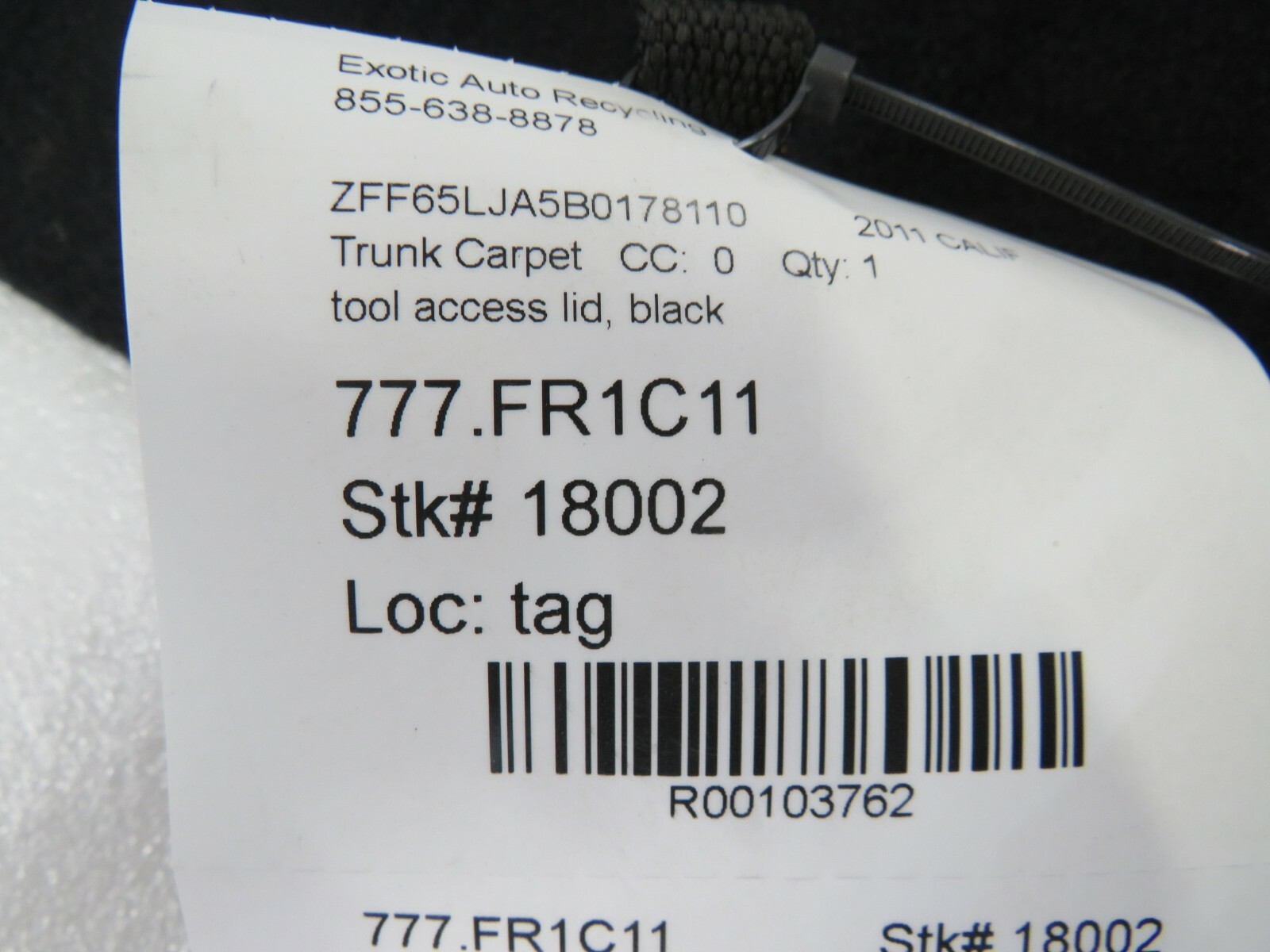 Ferrari California, Trunk Carpet Tool Access Cover Lid, Used, P/N 82850600