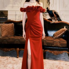 Retro Women Rose Floral Dress Luxury Red Toast Dress Off Shoulder Fishtail Dress