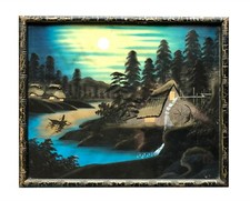 Vtg Japanese Silk Painting Moonlit Watermill Landscape Faux Bamboo Frame 17x14"