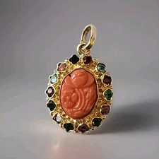 Antique Victorian Italian 18k Gold Etruscan Engraved Coral Charm Pendant 750