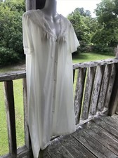 Vanity Fair SILKY Gown Lg Thin Nylon Button Cream Embroidered VINTAGE
