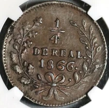 1866 NGC AU 50 Sinaloa 1/4 Real Quarto Mexico Culiacan Coin POP 2/1 (20062701C)