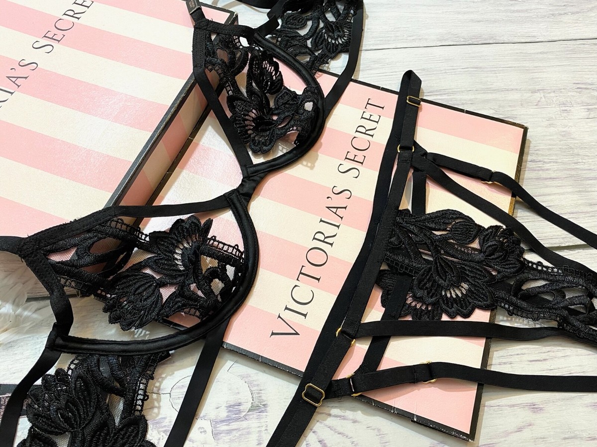 Victoria's Secret Strappy Embroidered Open Cup Plunge Bra Set