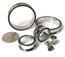 PAIR Black CZ Gem Rimmed 316L Surgical Steel Screw Fit Tunnels Plugs Gauges
