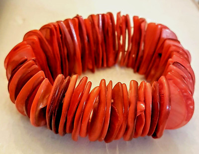 Half Moon Abalone Mother of Pearl Shell Stretch Bracelet 1.5'' wide Red dye