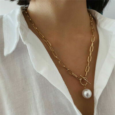 Gothic Baroque Pearl Pendant Choker Necklace Women Wedding Punk Gold Long Chain 