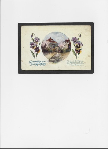 BIRTHDAY VINTAGE PC "Greetings" UNUSED No Writing Home, Pansies & Poem