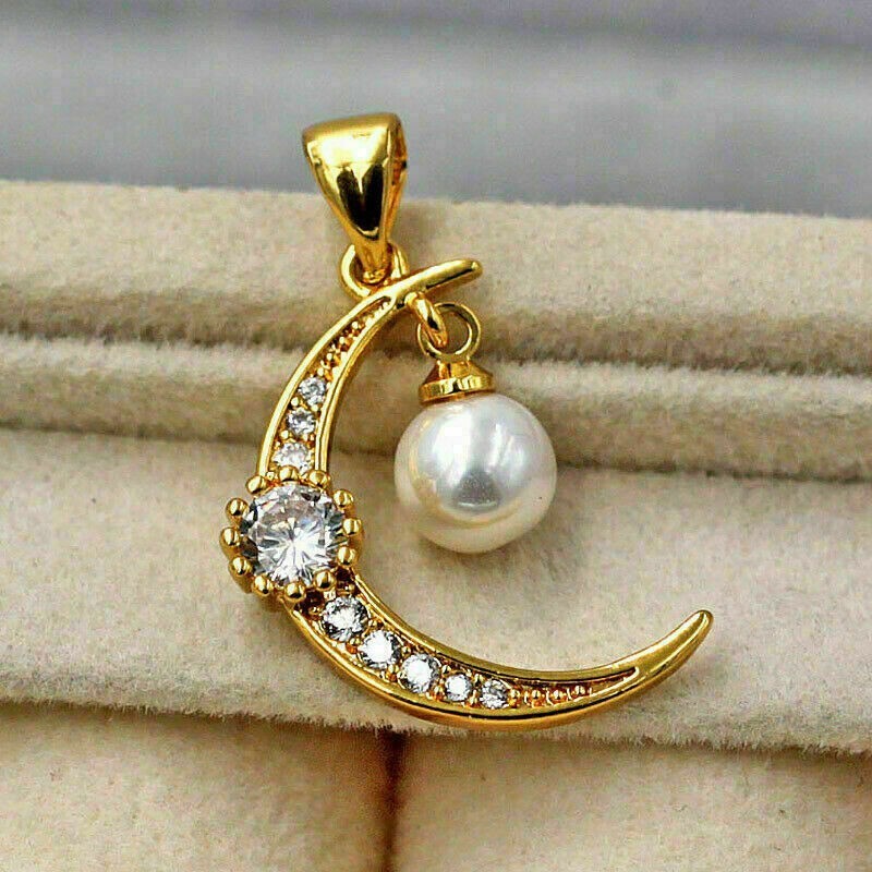 2Ct Round Cut Lab-Created Pearl Moon Pendant 14K Yellow Gold