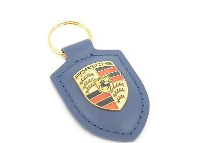 GENUINE OEM PORSCHE Blue Crest Key Ring Fob Chain Leather