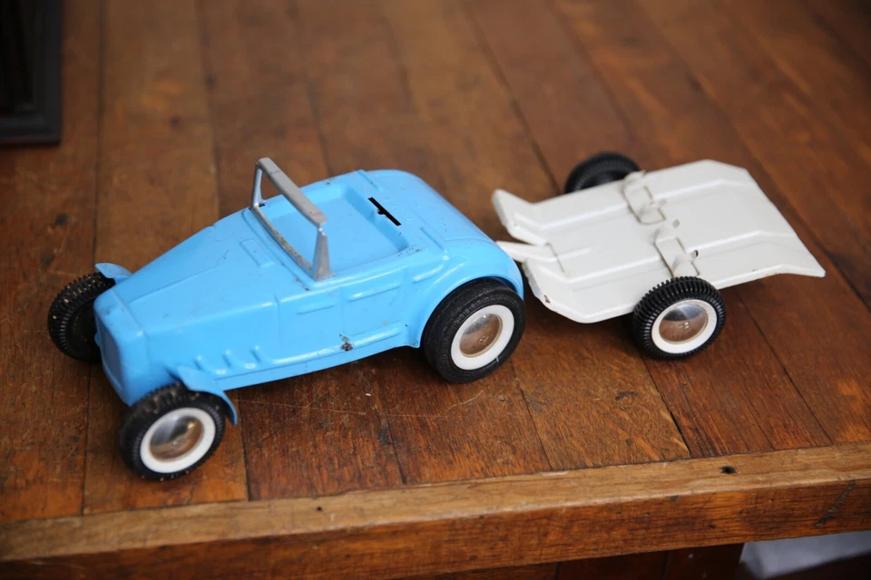 Ford Roadster Buddy L Pressed Steel Toy Hotrod White Motorcycle Trailer Vintage - Image 2 of 4