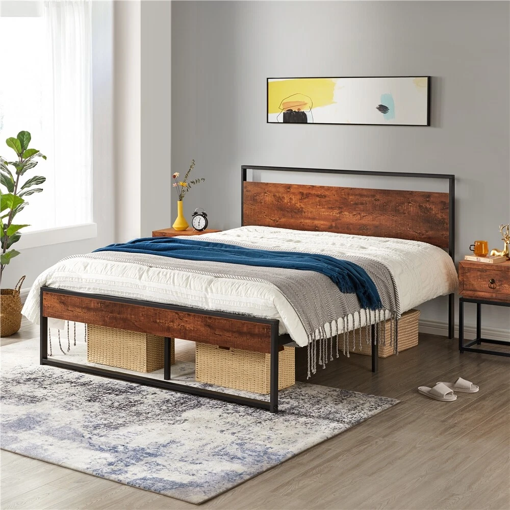 Metal Platform Bed Frame with High Wooden Headboard and Footboard