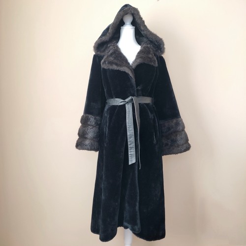 Vintage Black Afghan Coat Flared Soft Faux Fur Hooded  Belted Penny Lane Sz M/ L - Afbeelding 2 van 14