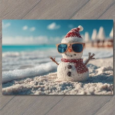 POSTCARD Beach Snowman Sunglasses Santa Hat Coastal Christmas Holiday Tropics Fu
