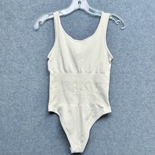 OQQ Womens Ribbed Bodysuit Size Small Ivory Snap Closure Excellent Condition