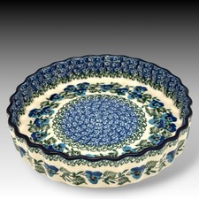 Ceramika Artystyczna Polish Pottery Pie Quiche Dish Fluted Edge 7.75" Blue Pansy