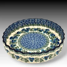Ceramika Artystyczna Polish Pottery Pie Quiche Dish Fluted Edge 7.75" Blue Pansy