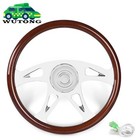 Universal 18' Steering Wheel Real Wood Polished Aluminum 4 Spokes Horn Button