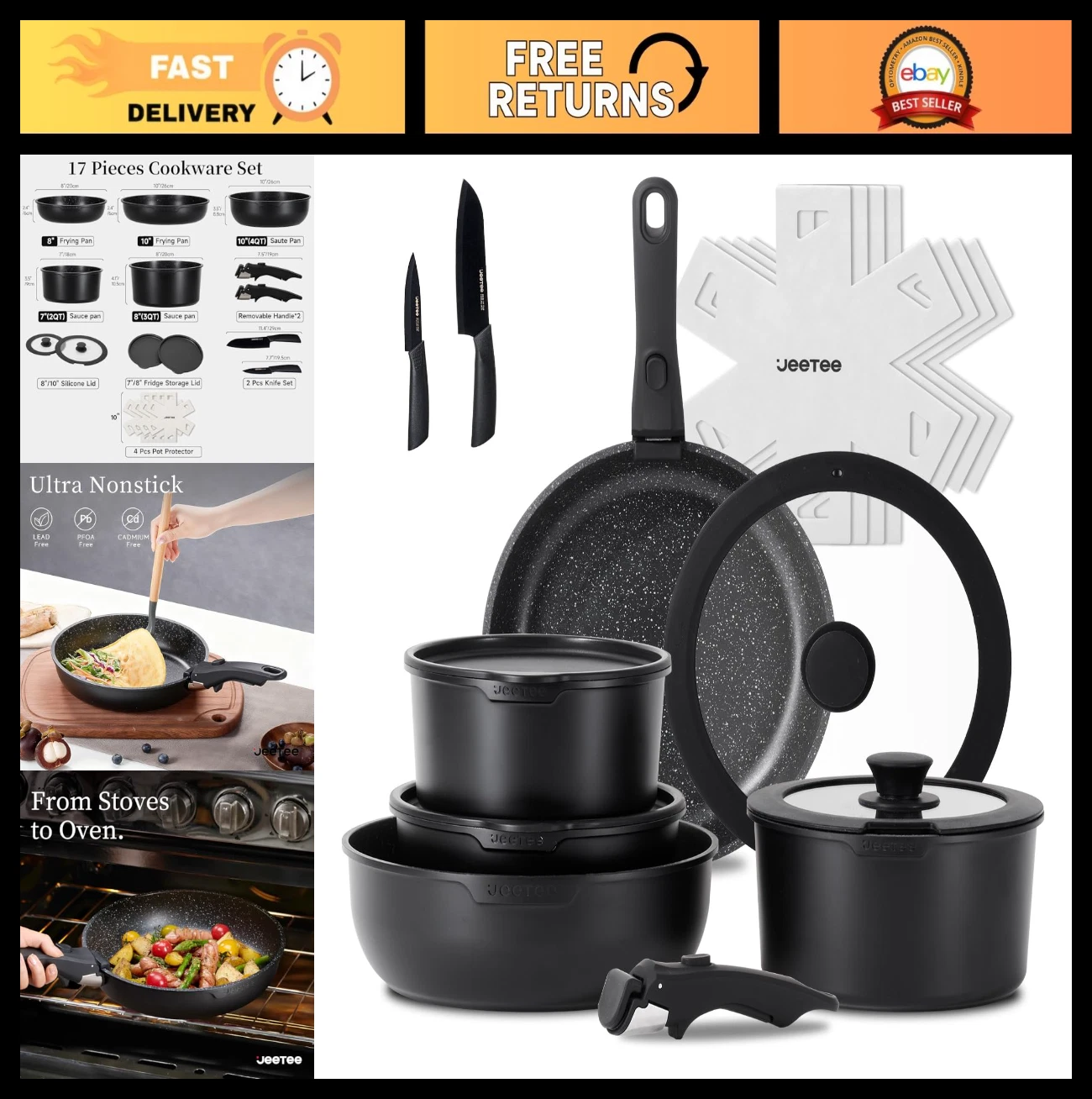 Non-Stick 17-Piece Cookware Set, Detachable Handle, Induction & Oven Safe, PFAS