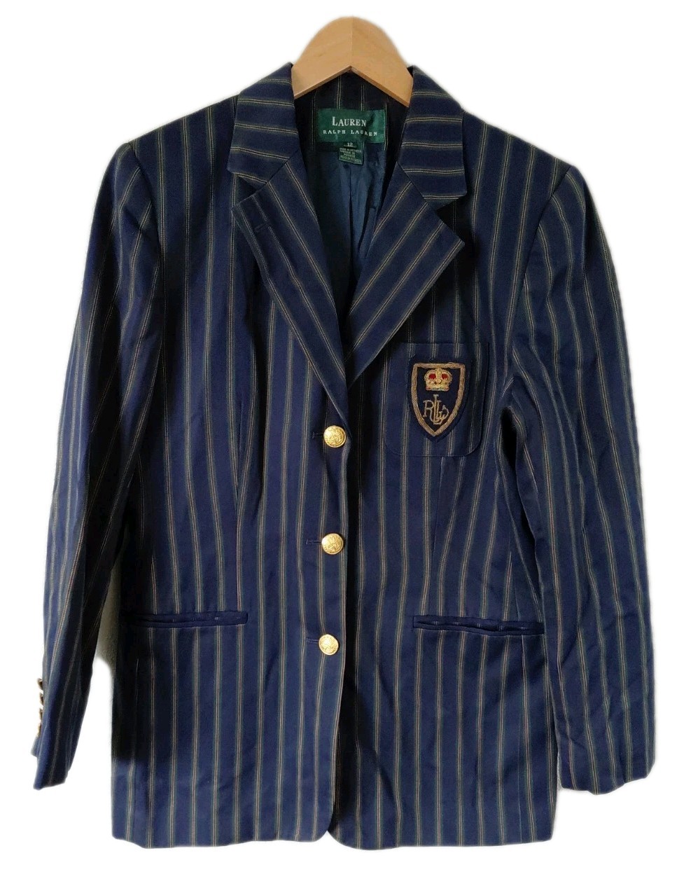 Lauren Ralph Lauren Blazer Sport Jacket Crest Striped Womens Size 12 Equestrian