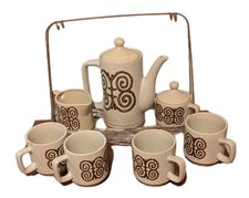Vintage Japanese Ceramic Tea Set w/ Stand   Cream  Brown Scroll Pattern   8 Pc