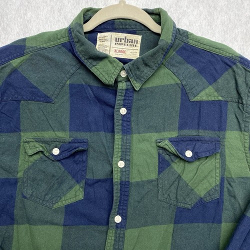 URBAN PIPELINE Mens Green Blue Flannel Plaid Button Down Shirt size XL Cotton - Picture 1 of 7
