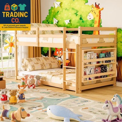 Low Bunk Bed Twin over Twin, Floor Bunk Bed with Bookshelf&Ladder, Twin Bunk Bed