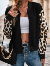 Women's Bomber Jacket Leopard or Floral Print Sleeve Zip Up Casual Fall Jacket