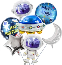 7 Pcs Galaxy Space Themed Balloons Astronaut Mylar Airship Inflatable Planet Roc