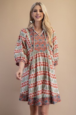 Gigio by Umgee Multi Floral  Dress w/ Contrasting Floral Yoke & Balloon Sleeves