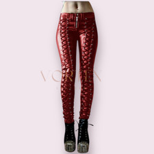 Women's Red Lace Up Style Leather Pant Slim Fit Pant Real Lambskin Leather Pant