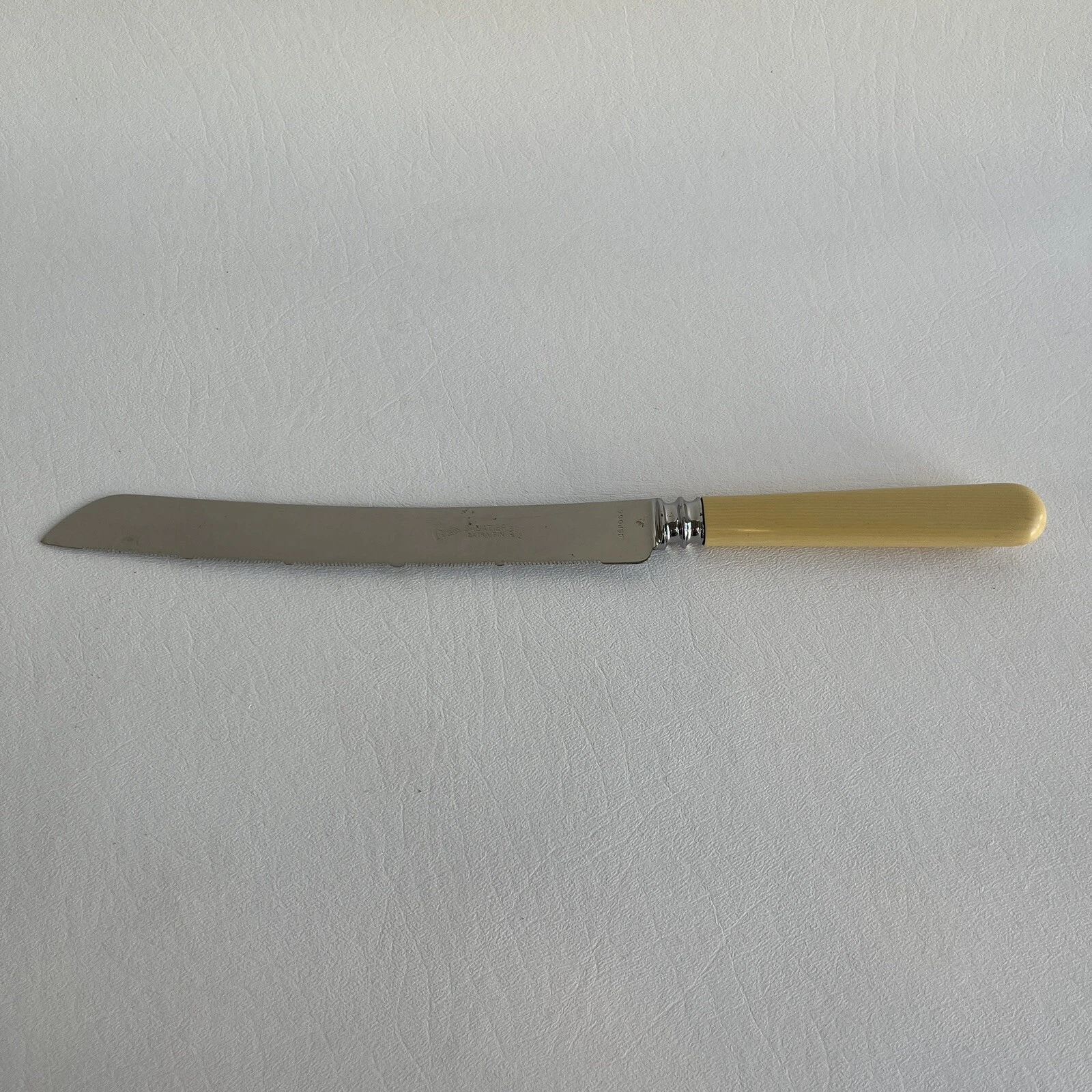 Vintage Sabatier Extra Fin 13” Serrated Slicing Knife w/ Ivory Bakelite Handle