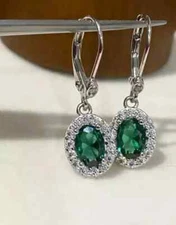 Natural Green Emerald 3Ct Oval Cut Women Halo Earrings 14K White Gold Plated
