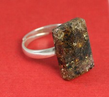 Natural Baltic Amber Ring - Green Moss Color Rectangular Amber - Silvered Plated