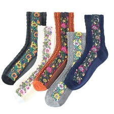 5 Pairs Women's Floral Design Vintage Crew Socks Ethnic Jacquard Knit Set Red...