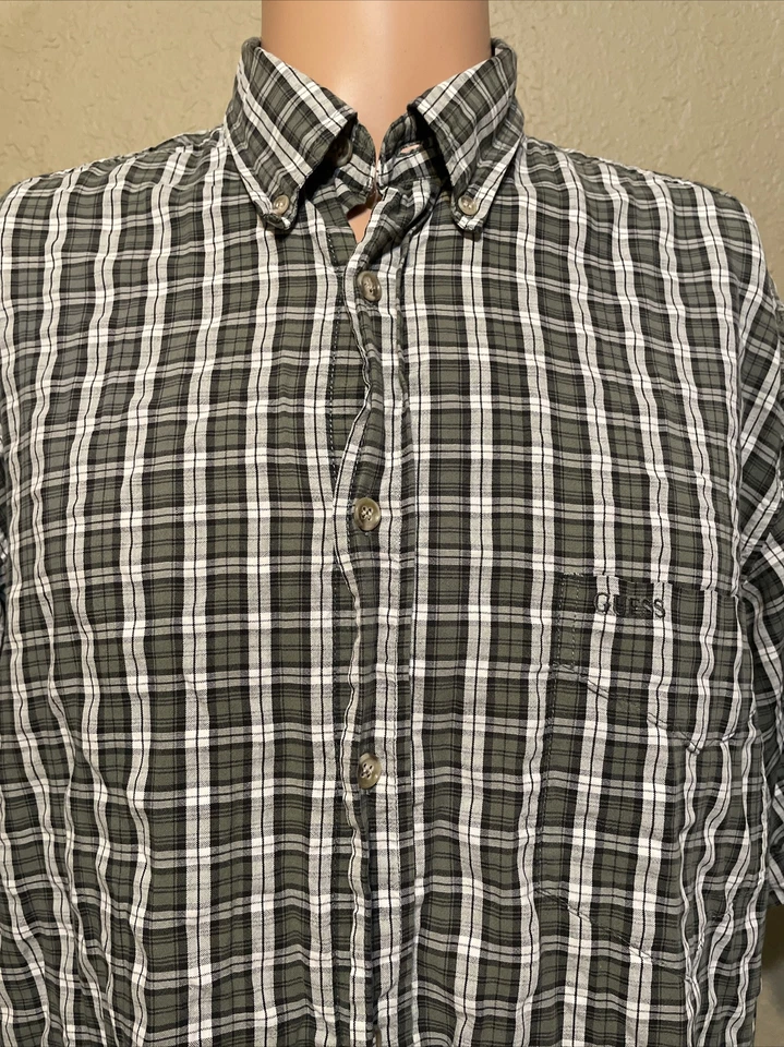 Guess Jeans Mens XL Vintage Casual Lounge Shirt Green Brown Plaid Rayon  - Image 4 of 4
