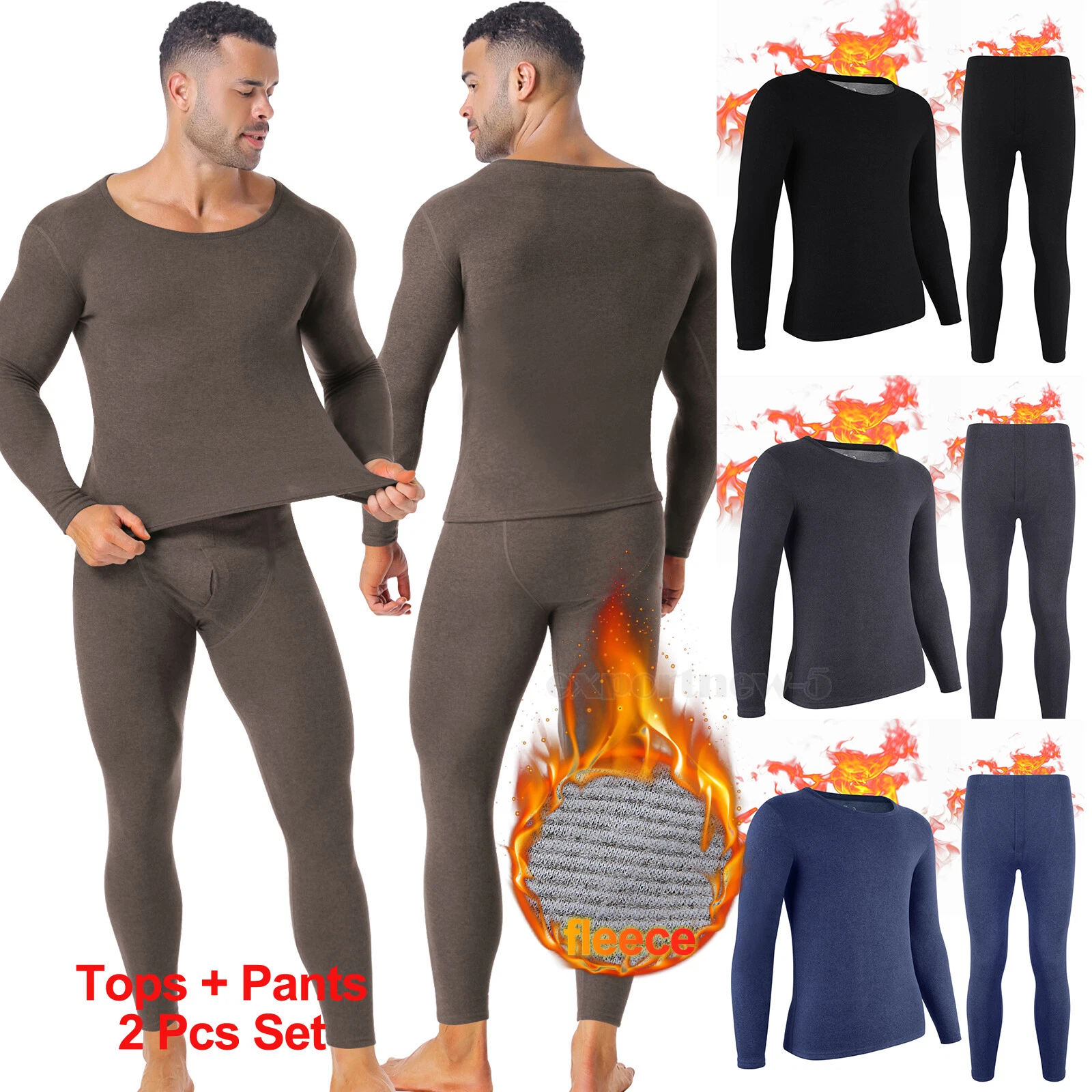 Hombres Forro Polar Térmico Long Johns Manga Larga Top Bottom Ropa Interior Set