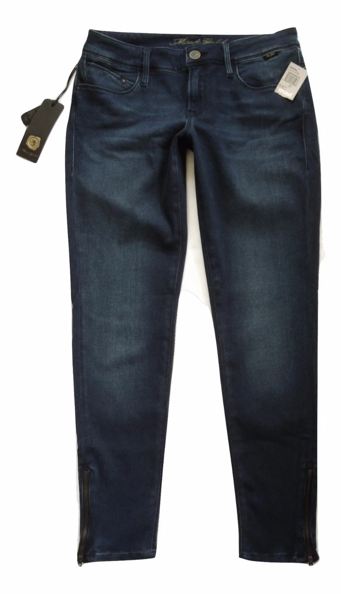 New MAVI Serenity Low Rise Skinny Jeans 30 Ankle Zip Dark Wash Deep Gold Sateen