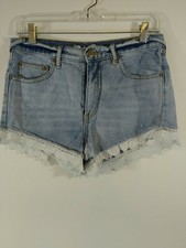 Free People Blue Denim Light Wash Shorts, Size 30, Crochet Trim, Mid Rise, 3708