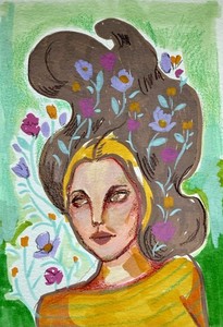 Original Painting 5x7, Whimsical Woman Portrait, Signed