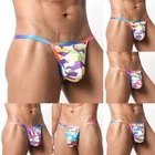 Mens Breathable Low Waist Underwear Thongs with Bulge Pouch Graphic Design