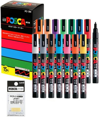 Uni-Posca Paint Marker Pen - Fine Point - Set of 15 (PC-3M15C) Tip Width 0.9-1.3