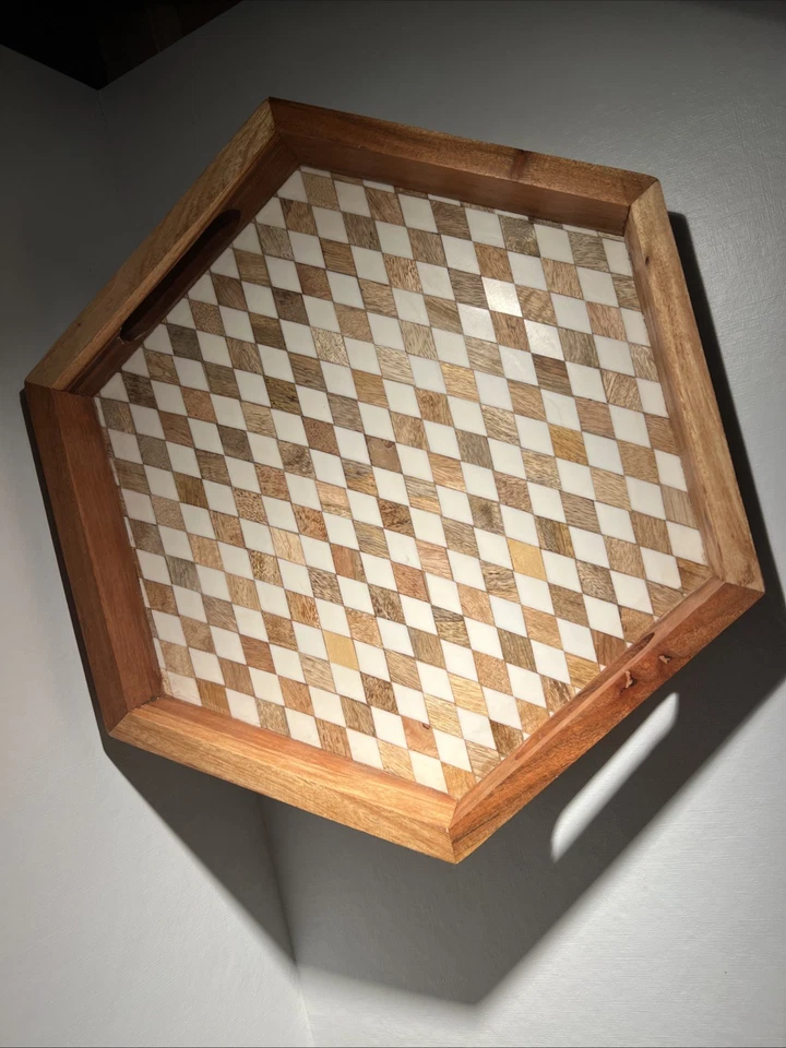 Handmade Wooden Hexagon Tray Bone Inlay Geometric Design – Made in India  - Image 3 of 4