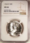 1964-D Kennedy Half Dollar NGC graded MS66, Very Flashy Coin (006). 90% Silver.