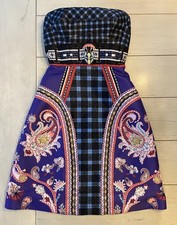 Mary Katrantzou Blue Purple Plaid Paisley  Jewelry Print Midi Dress Size 4